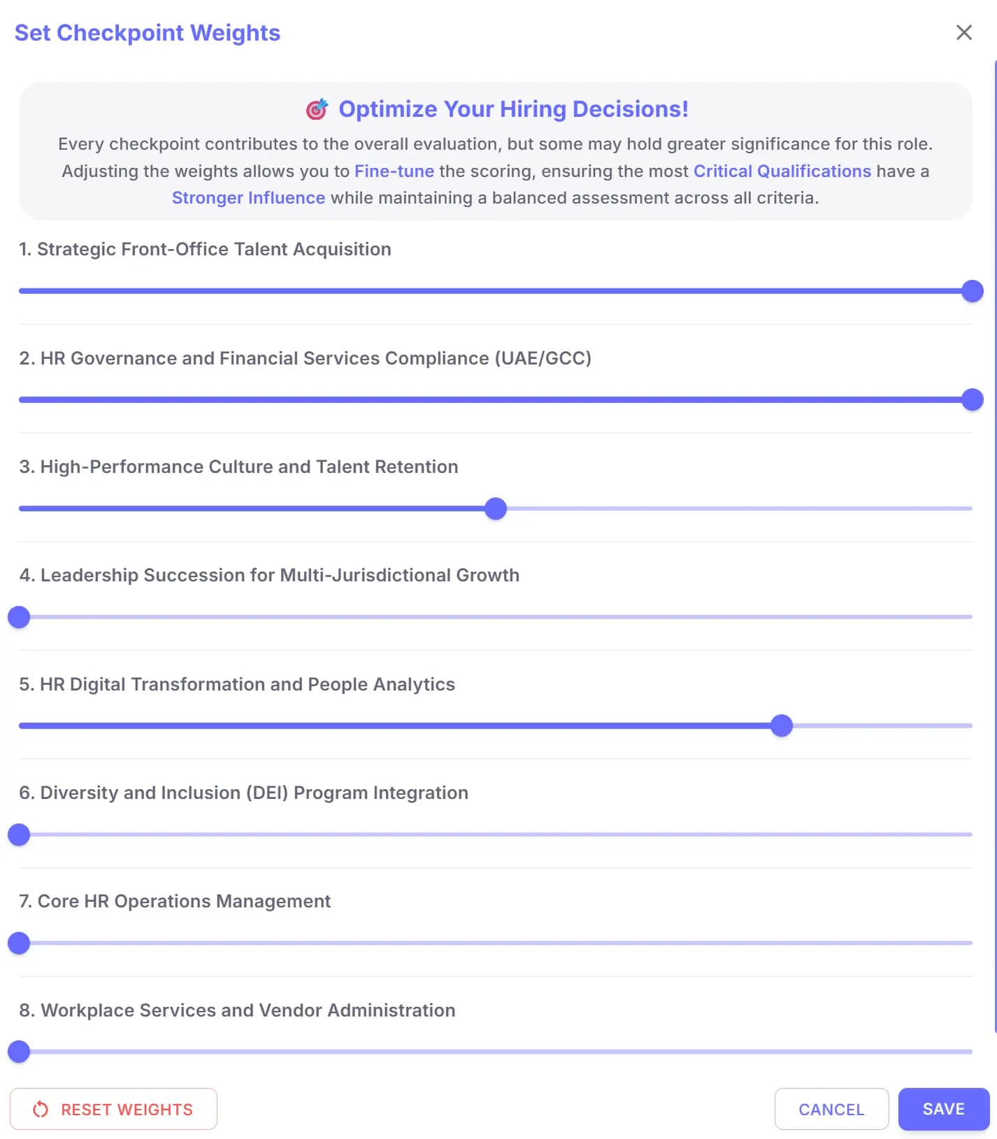 Weighted criteria setup interface for recruitment scoring