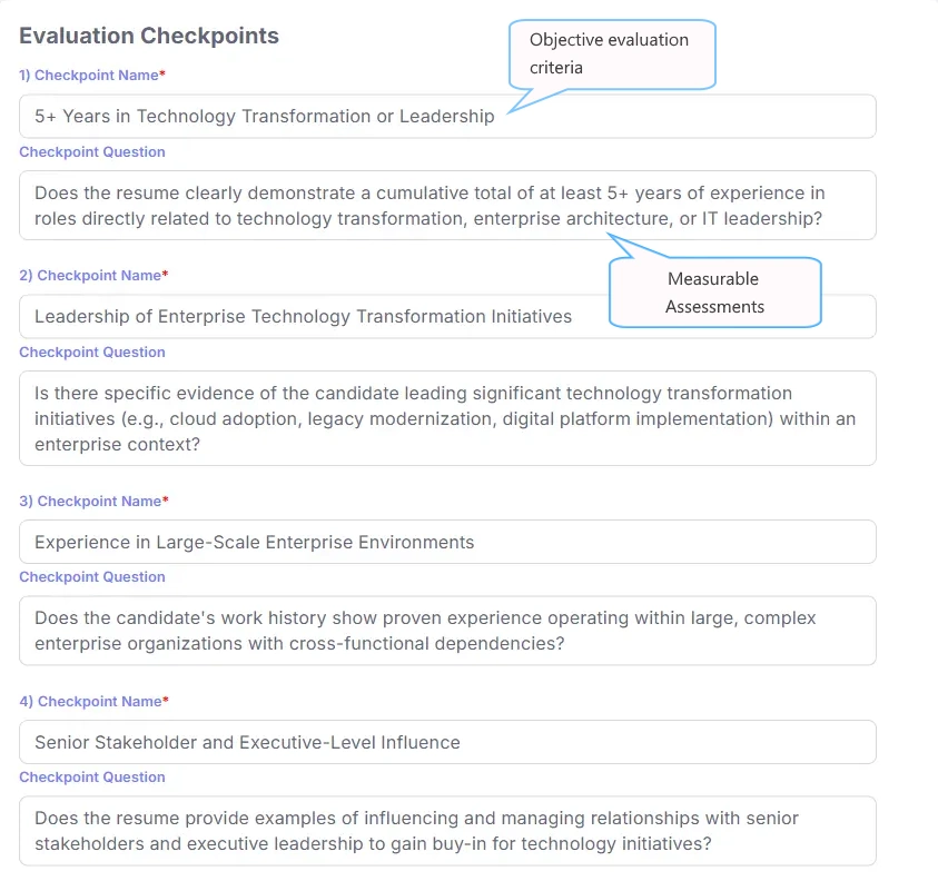 Role launchpad view showing structured role-definition checkpoints