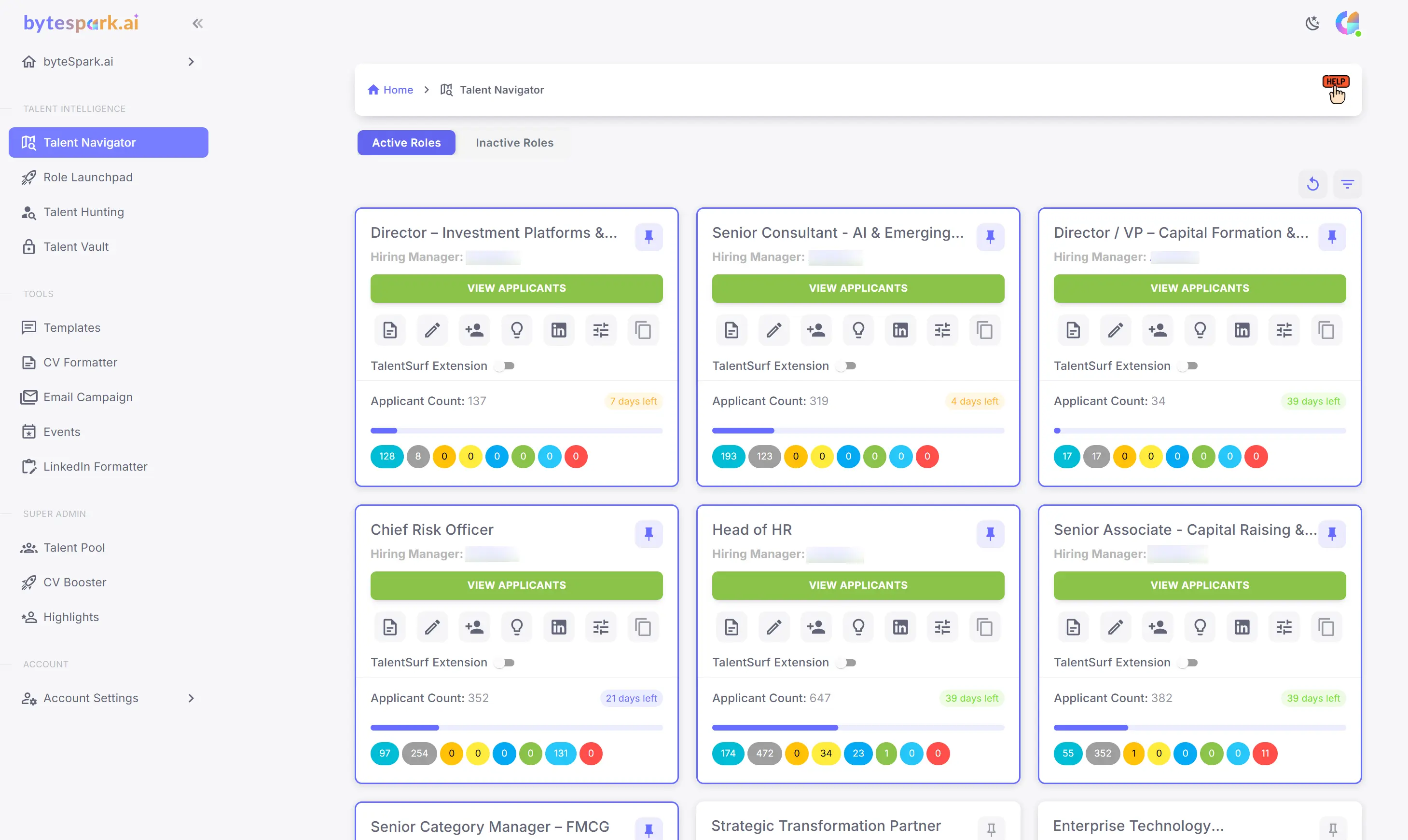 Active recruitment roles being managed by byteSpark.ai recruiters