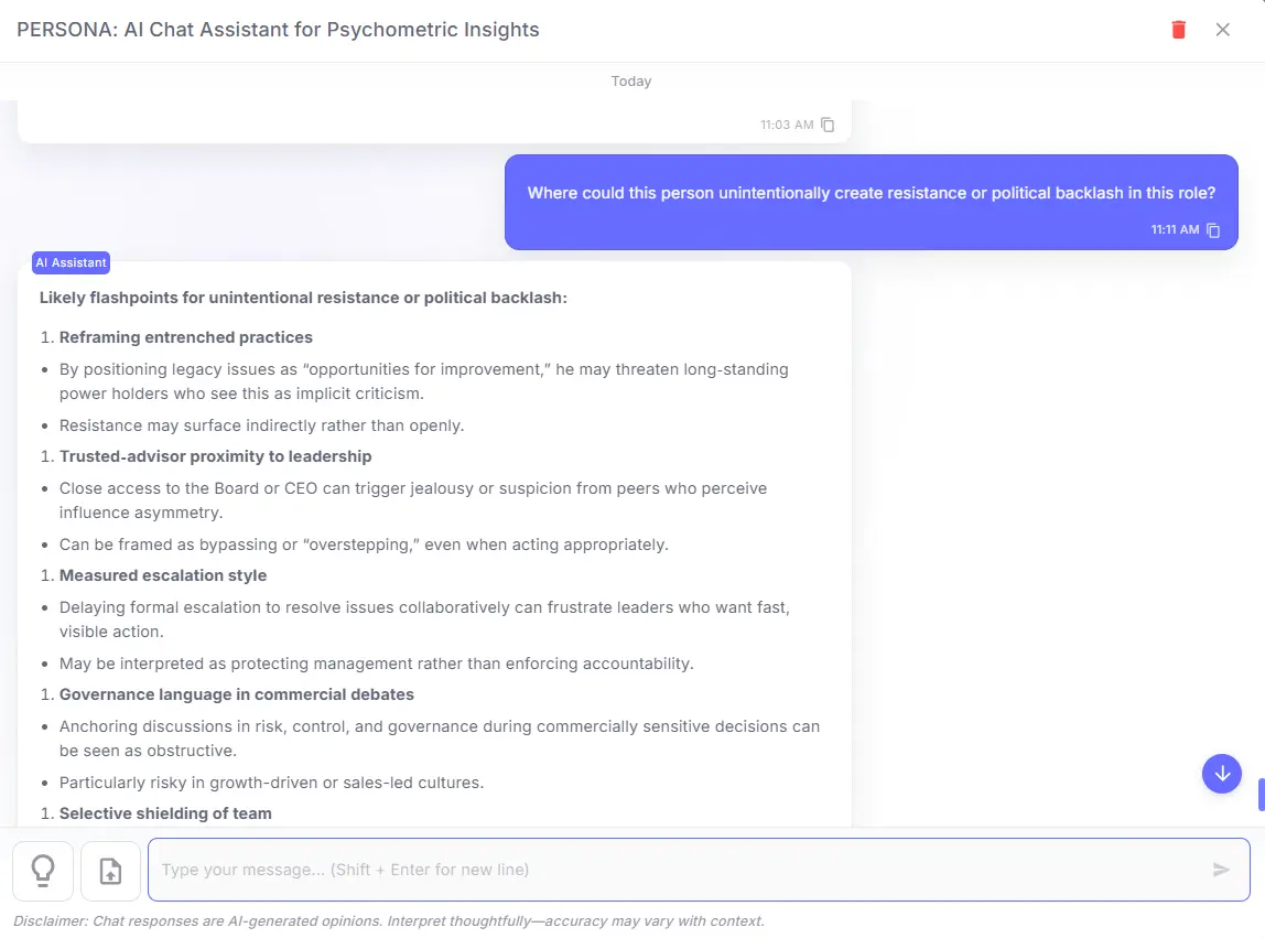 Politically charged role fit and risk assessment example